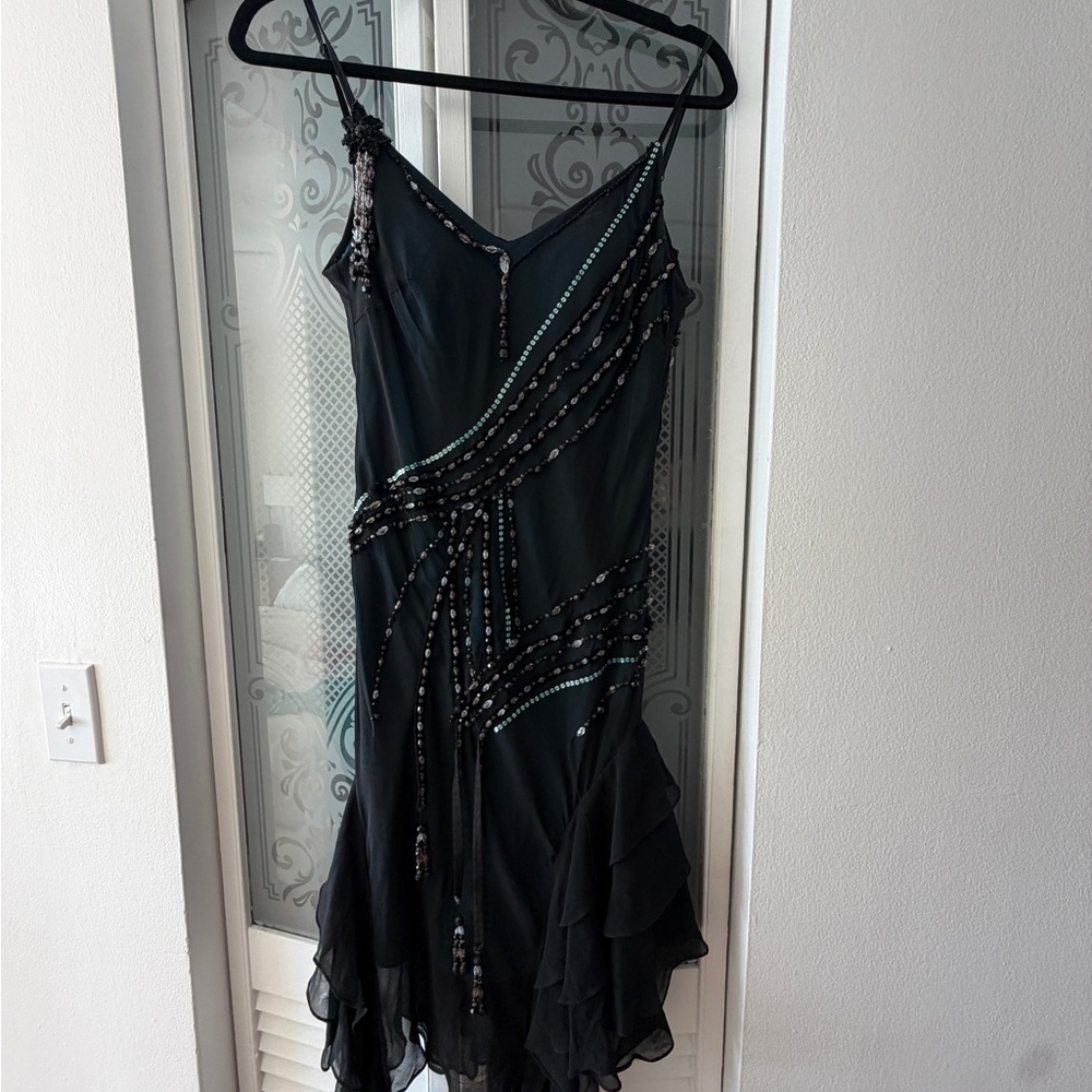 Sue Wong Beaded Spaghetti-Strap Dress 100% silk